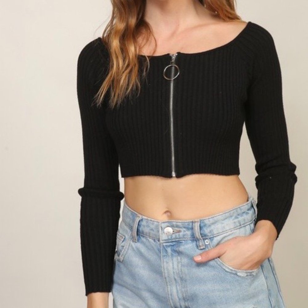 LET IT O-RING BLACK RIBBED FULL ZIP TOP - Picture 4 of 6